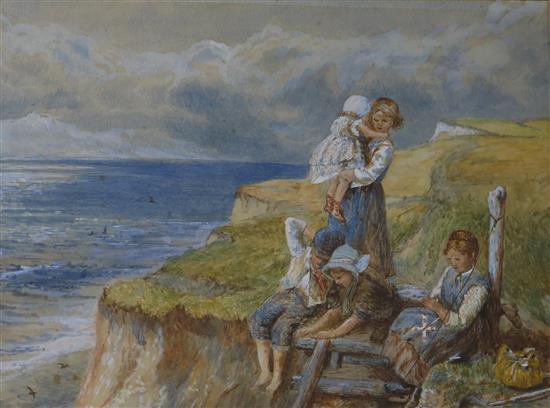 After Birket Foster, watercolour, children on a cliff top, 22 x 29cm